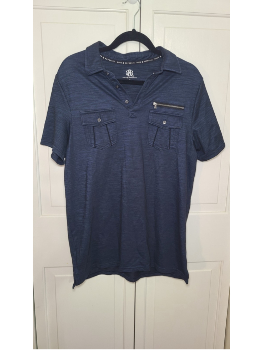 Rock & Republic Mens Short Sleeve 1/4 Button Up Navy Blue Black Large